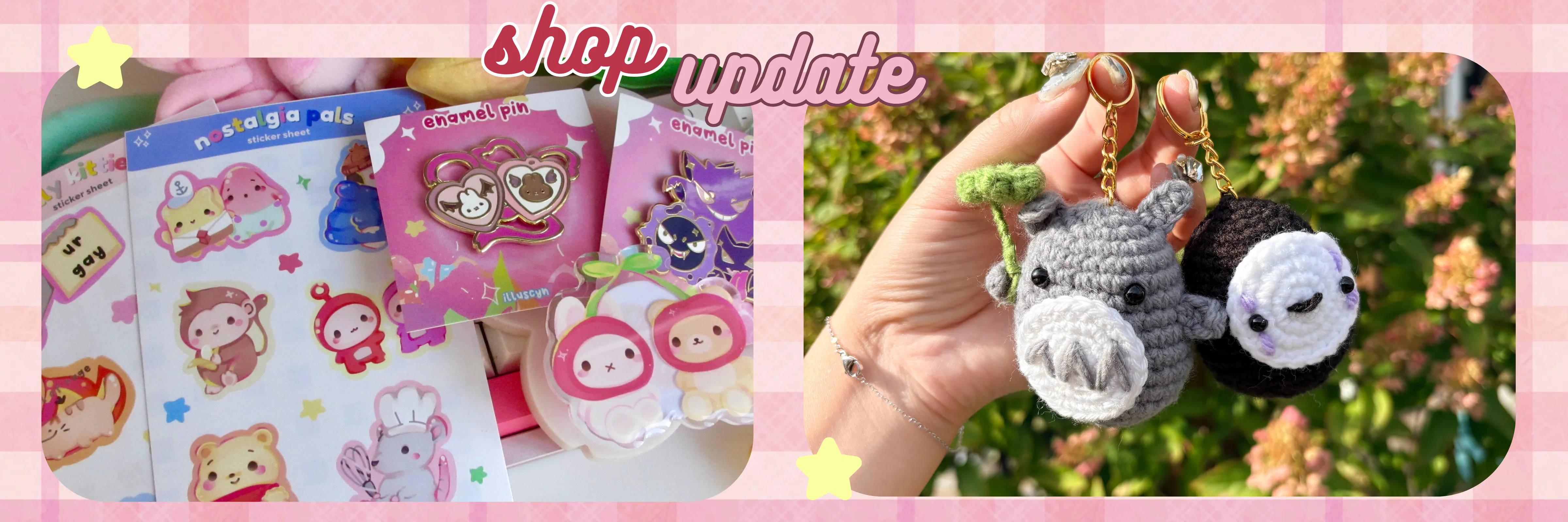 illuscyn shop update — new sticker sheets, enamel pins and crochet keychains