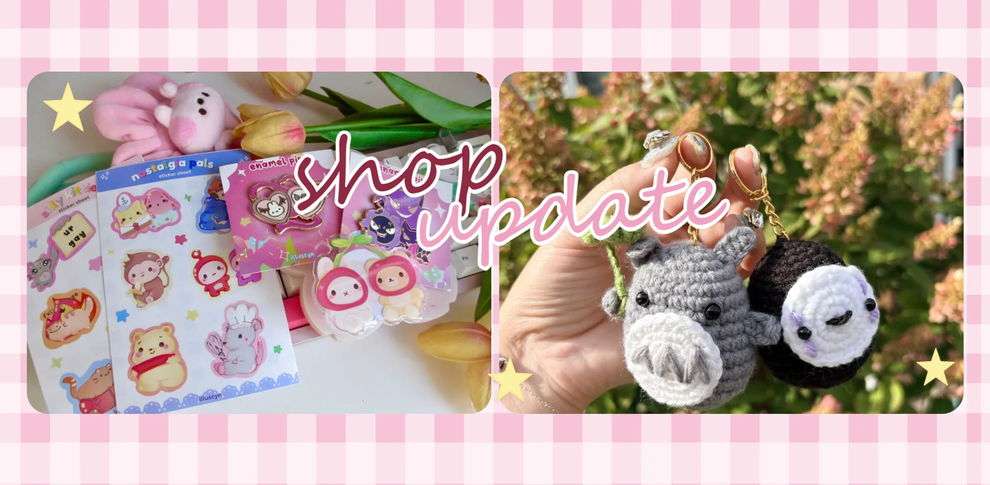 illuscyn shop update — new sticker sheets, enamel pins and crochet keychains